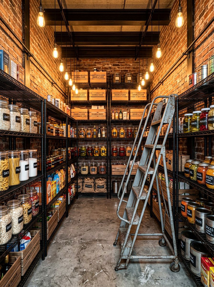 Industrial Walk In Pantry With Metal Ladder - 30 pantry with library ladder ideas