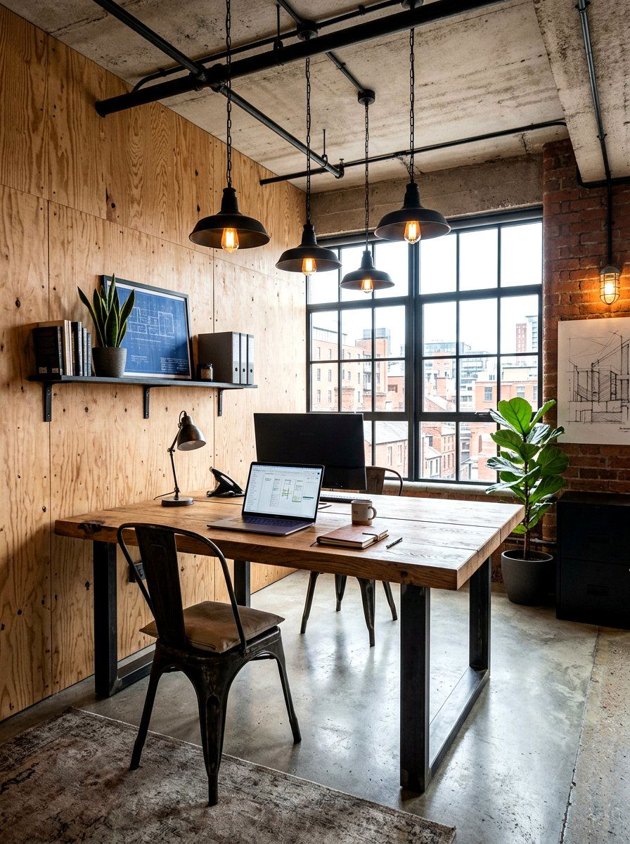 Industrial Wood And Metal Office - 30 wood paneled office ideas