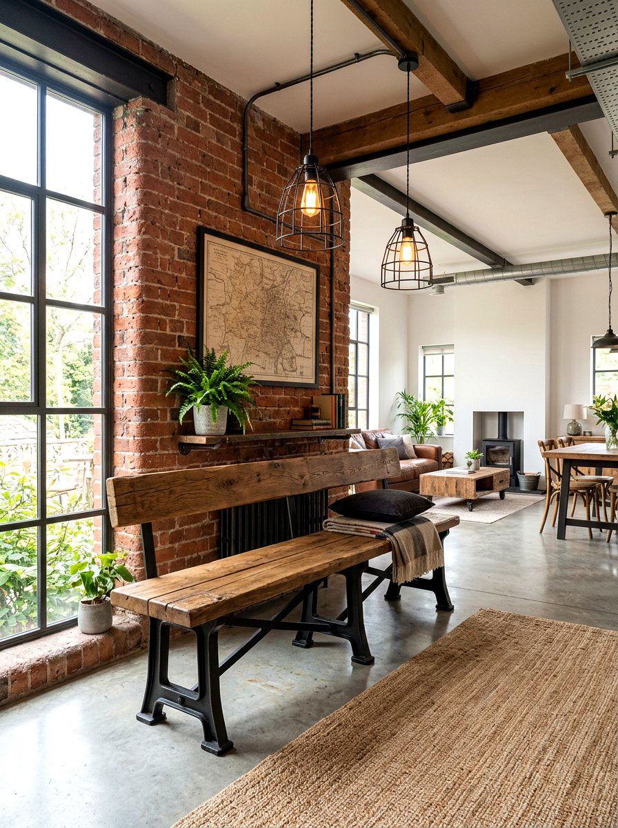 Industrial Wood Metal Bench - 30 farmhouse dining bench ideas