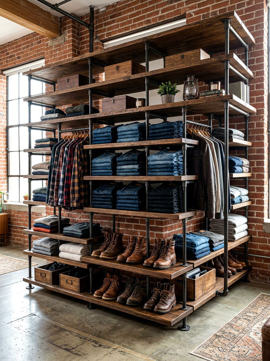 Industrial Wood and Iron Shelf - 30 open closet aesthetic ideas