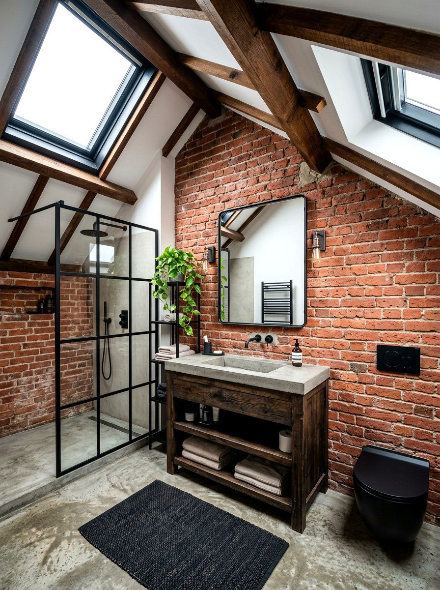Industrial attic bathroom with exposed brick - 30 attic bathroom ideas