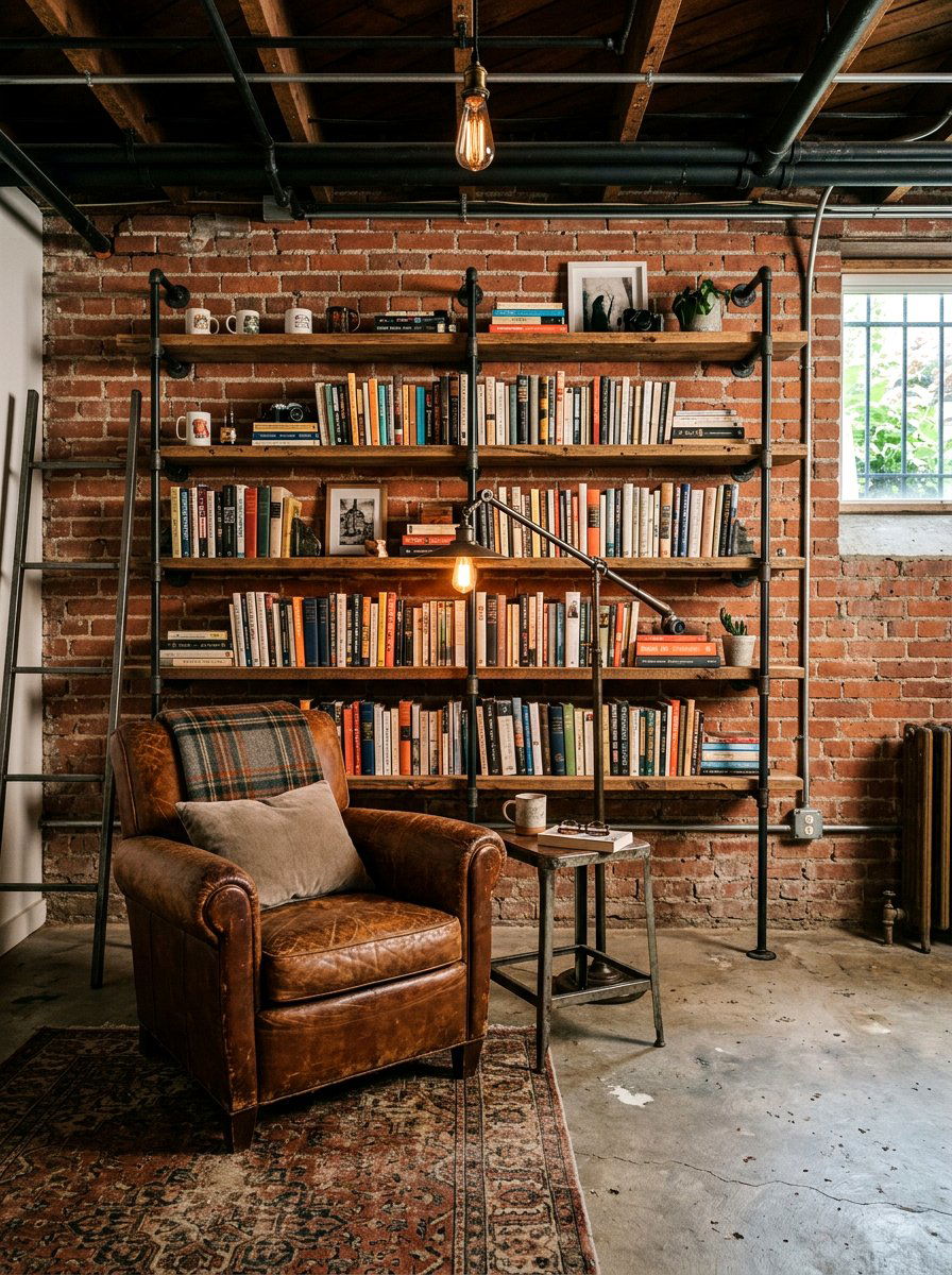 Industrial basement book nook - 30 basement reading nook ideas