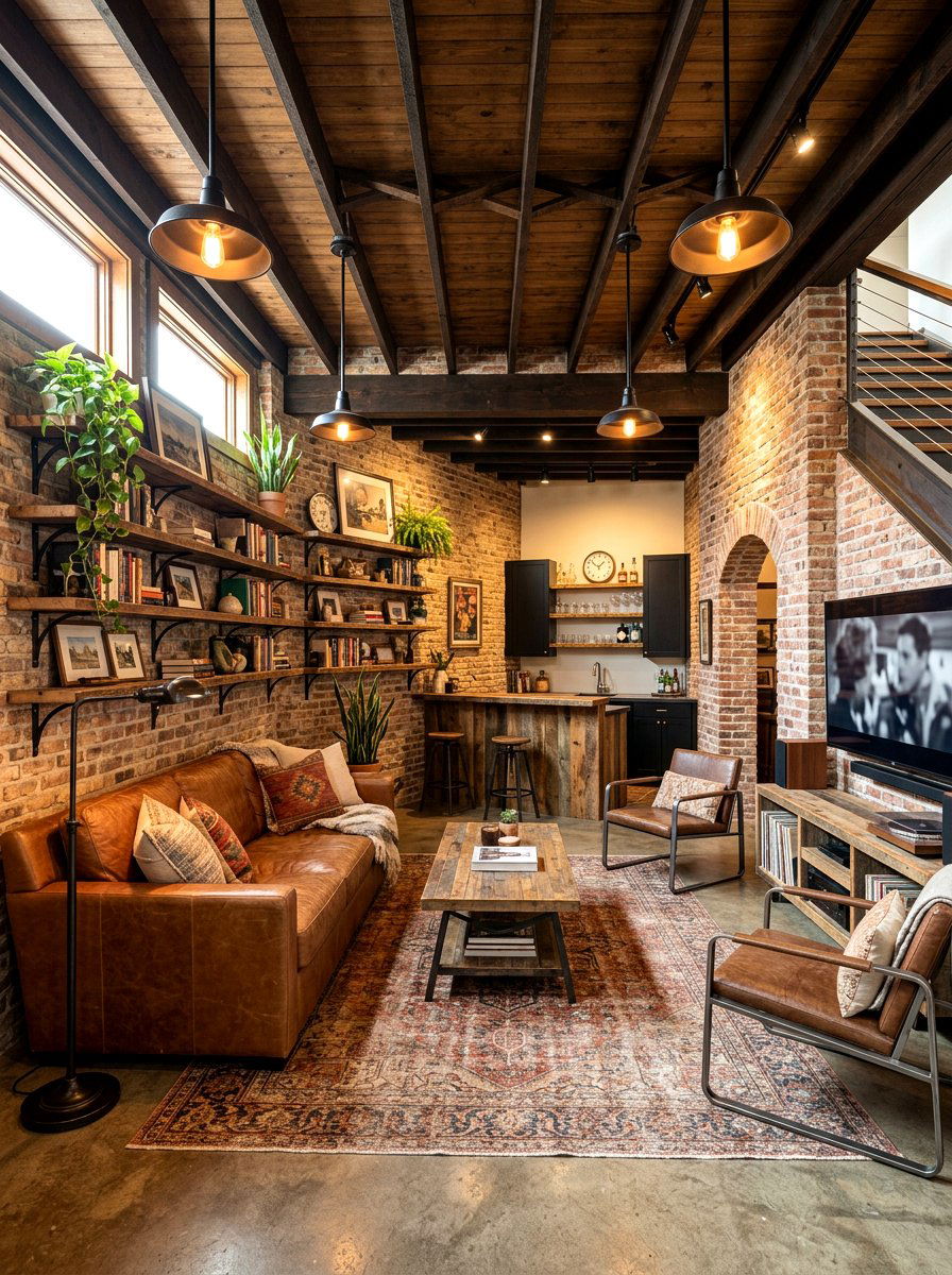 Industrial basement family room - 30 basement family lounge ideas
