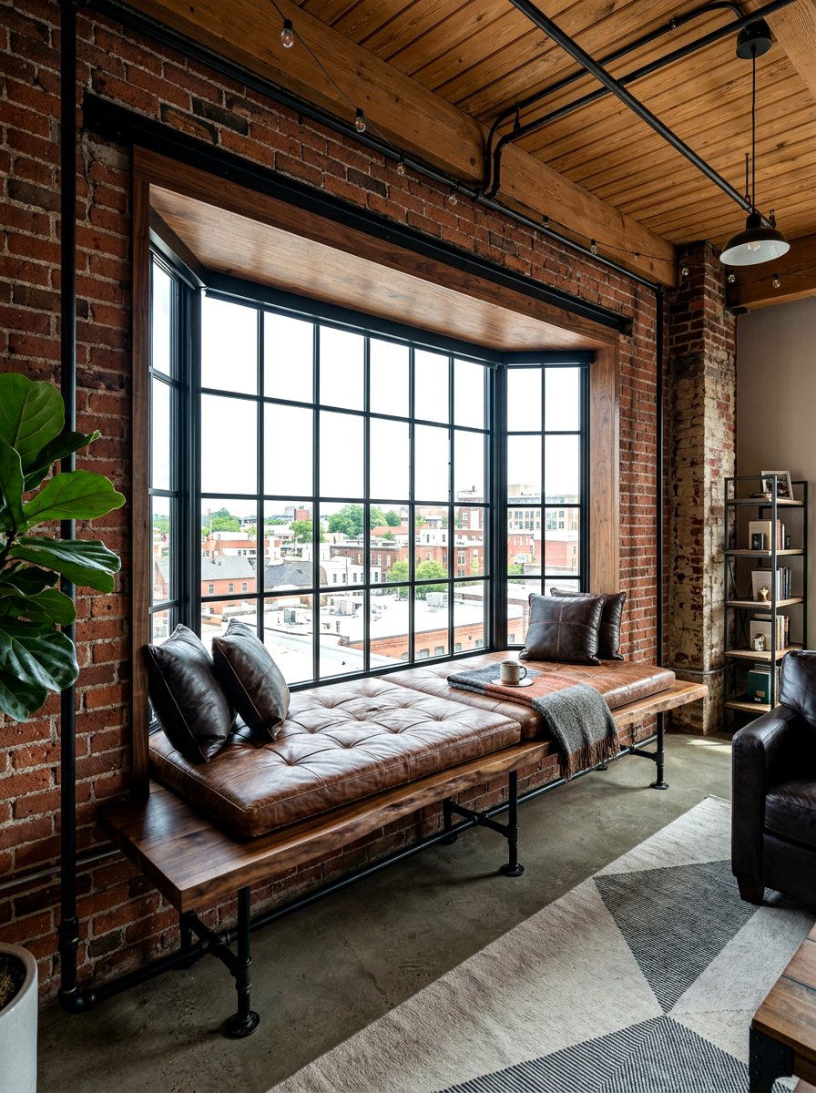 Industrial bay window seat - 30 bay window seating living room ideas