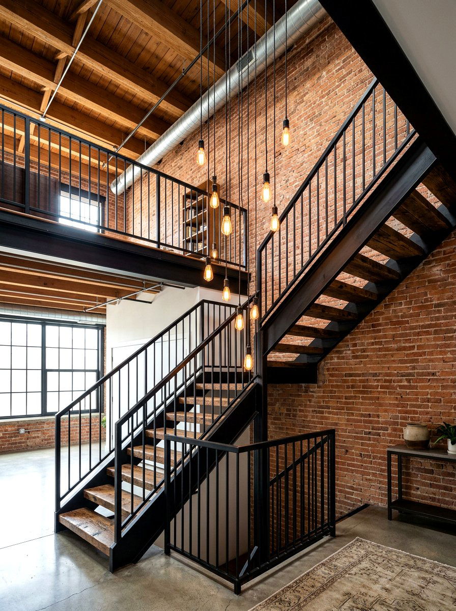 Industrial black pendant light cluster - 30 statement staircase lighting ideas