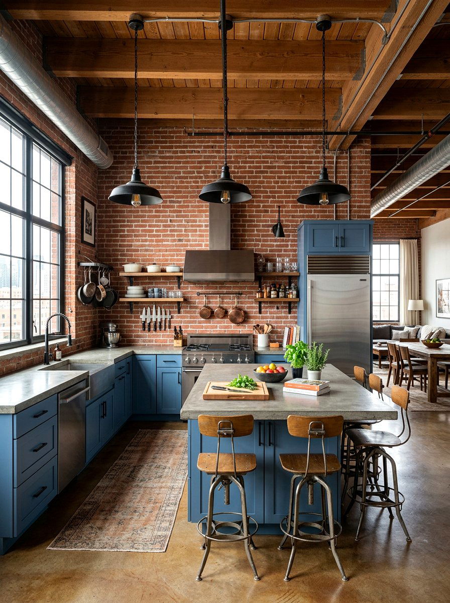 Industrial blue kitchen with brick - 30 denim blue kitchen ideas