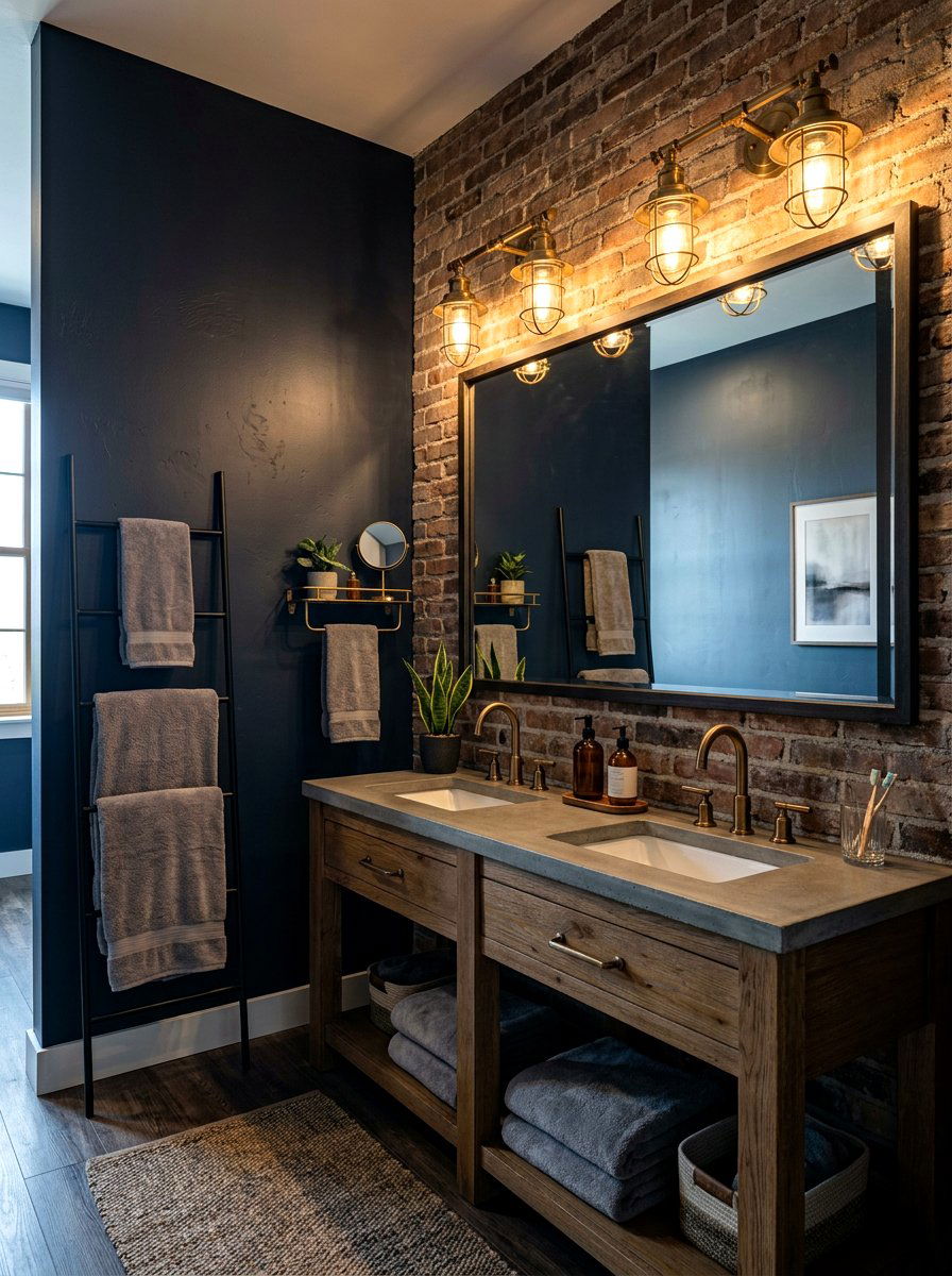 Industrial brass vanity light - 30 moody bathroom lamp ideas