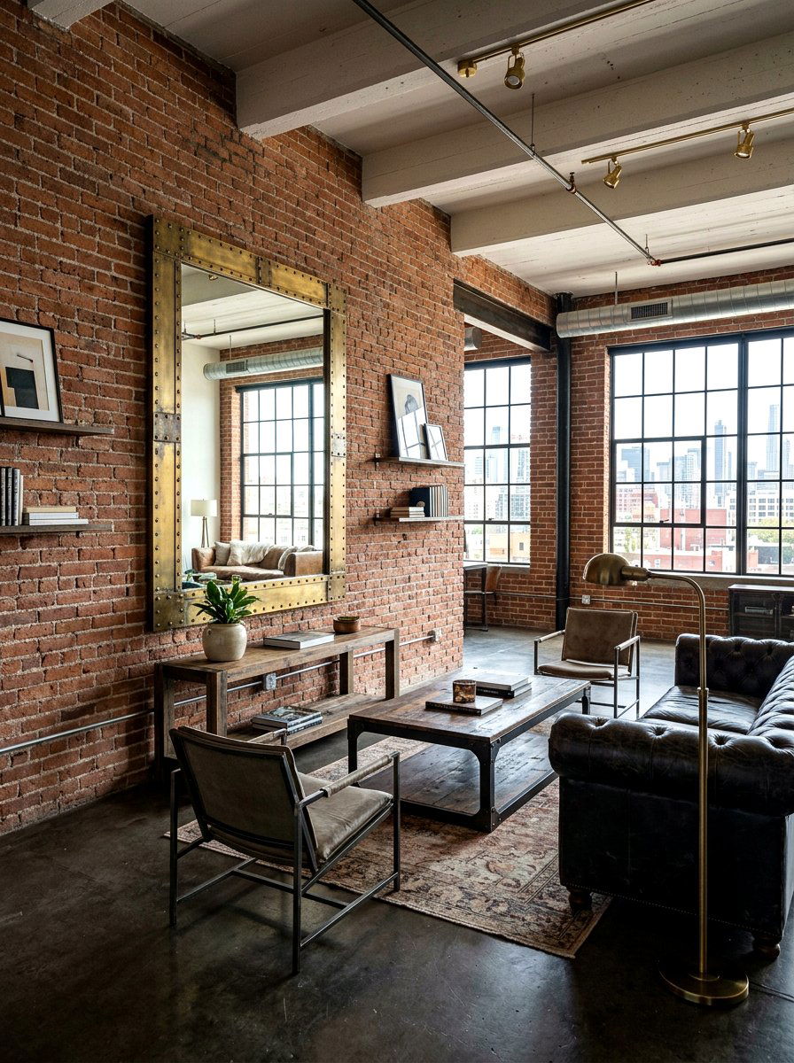 Industrial brass wall mirror - 30 antique brass mirror decor ideas