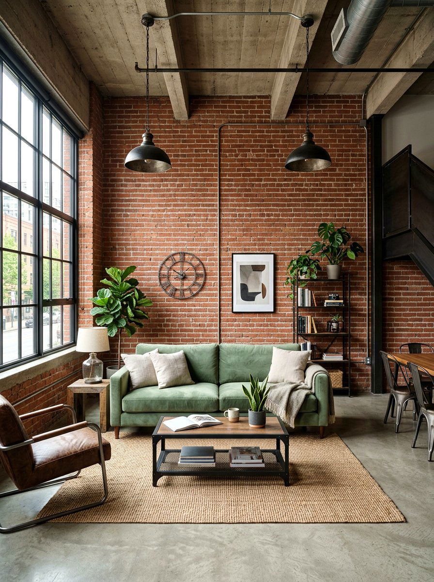Industrial brick and sage living room - 30 terracotta and sage living room ideas