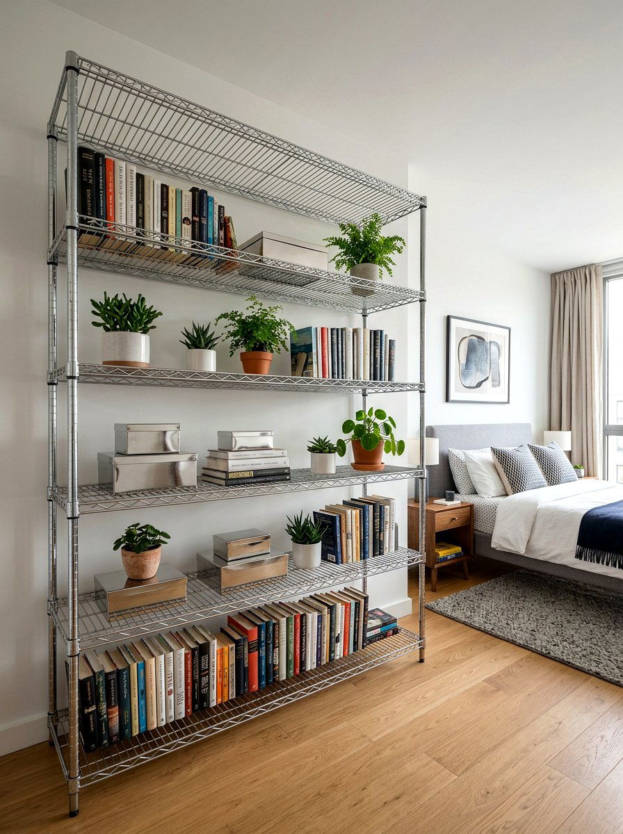 Industrial chrome shelving - 30 silver chrome bedroom ideas