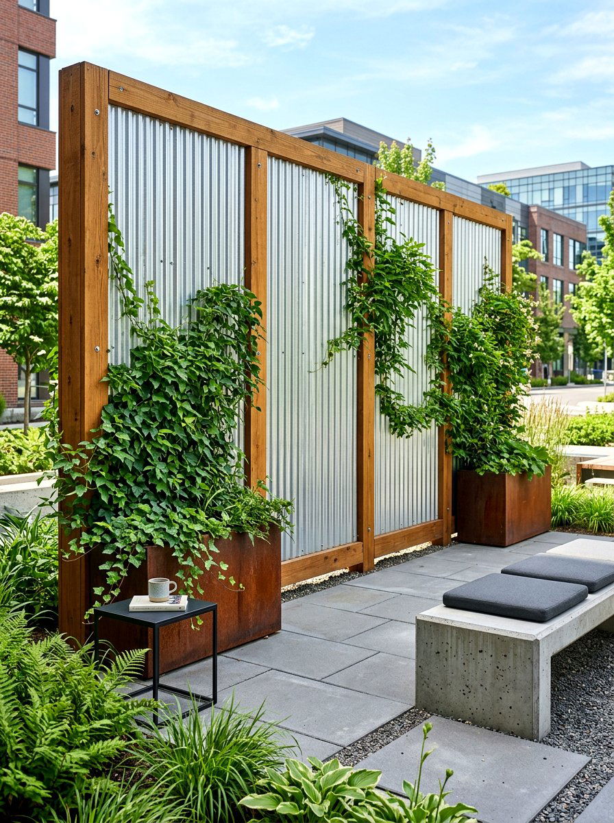 Industrial corrugated metal screen - 30 privacy planter screen ideas