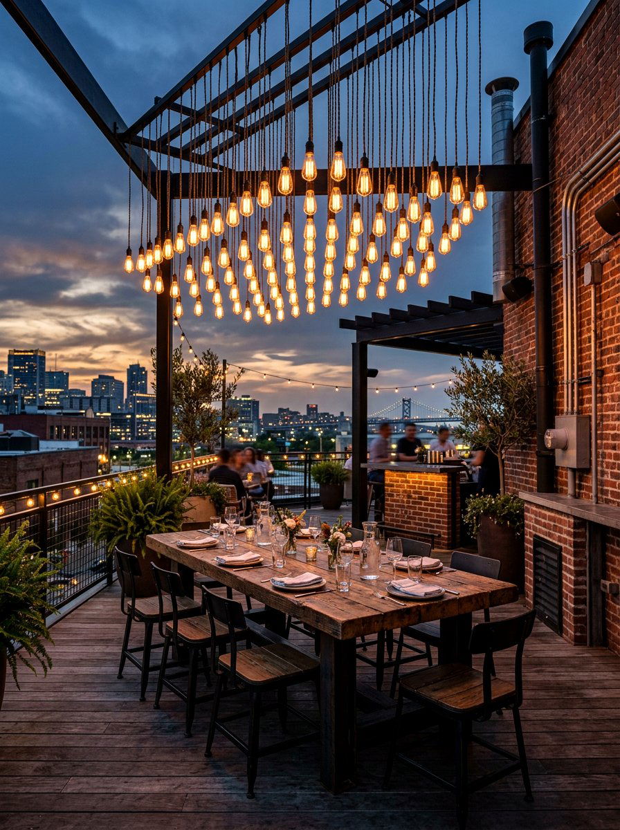 Industrial curtain string light - 30 patio curtain string light ideas