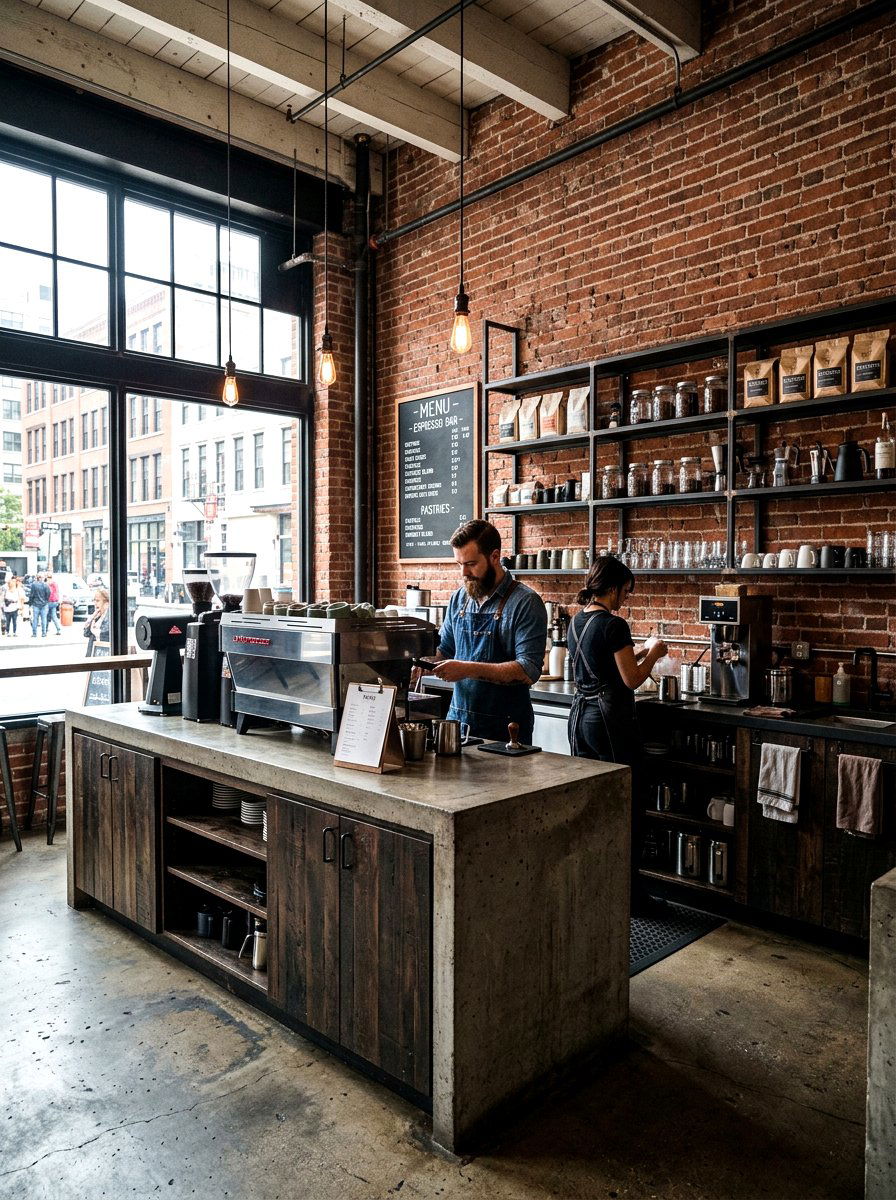 Industrial espresso kitchen with brick wall - 30 espresso kitchen ideas