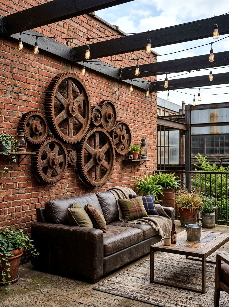 Industrial gear wall decor - 30 outdoor wall art ideas