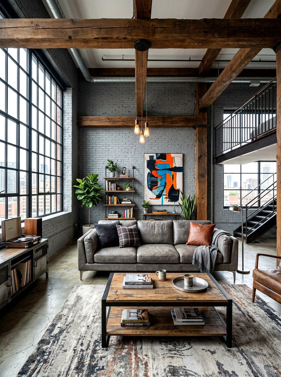Industrial gray brick and wood beams - 30 warm gray and wood living room ideas