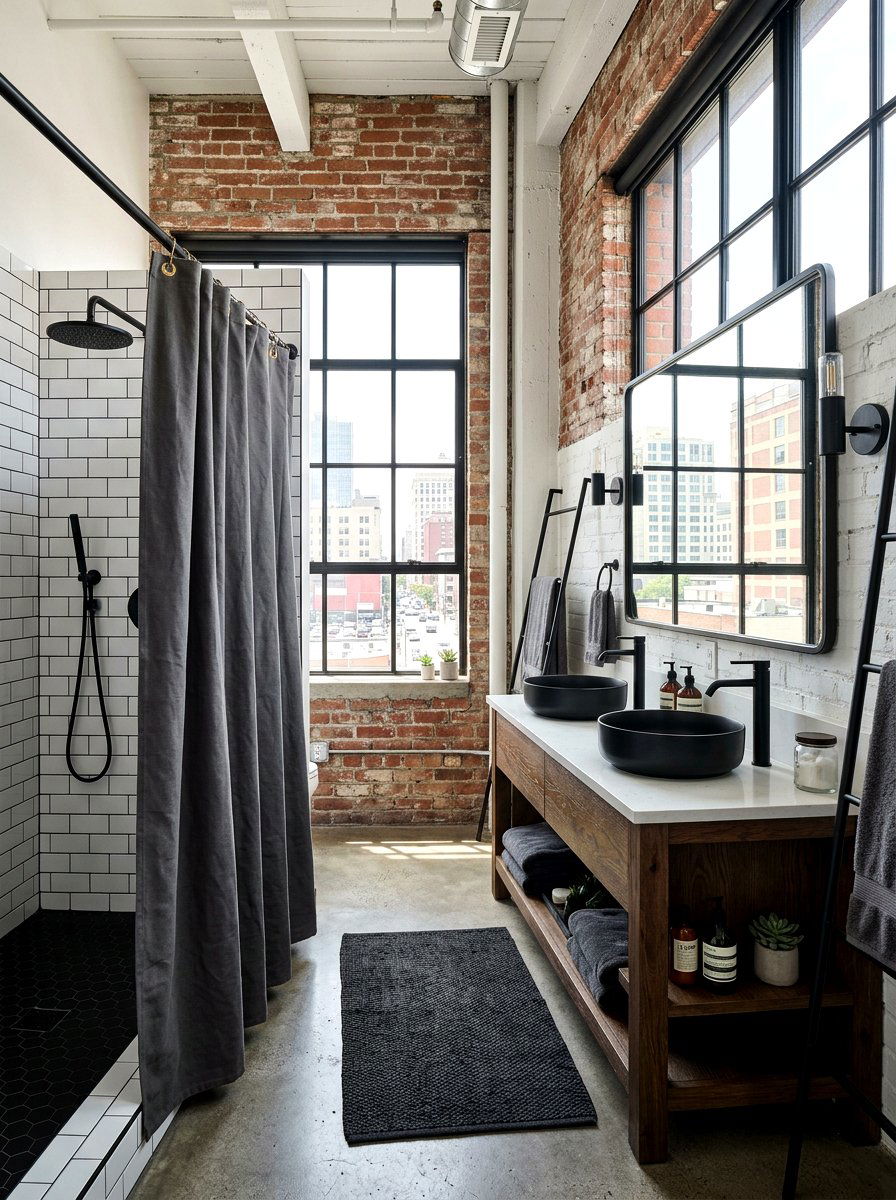 Industrial gray shower curtain - 30 shower curtain bathroom ideas