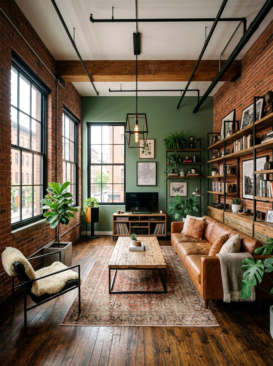Industrial green living room - 30 green living room ideas