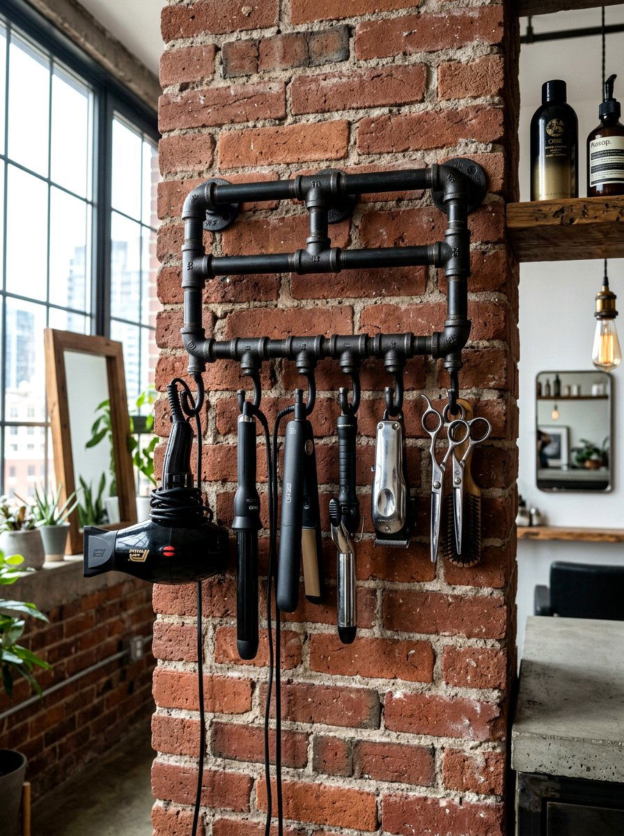 Industrial hair tool pipe rack - 30 hair tool storage ideas