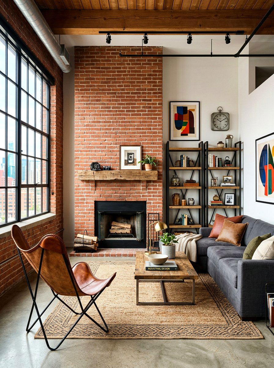 Industrial living room with brick fireplace - 30 off center fireplace ideas