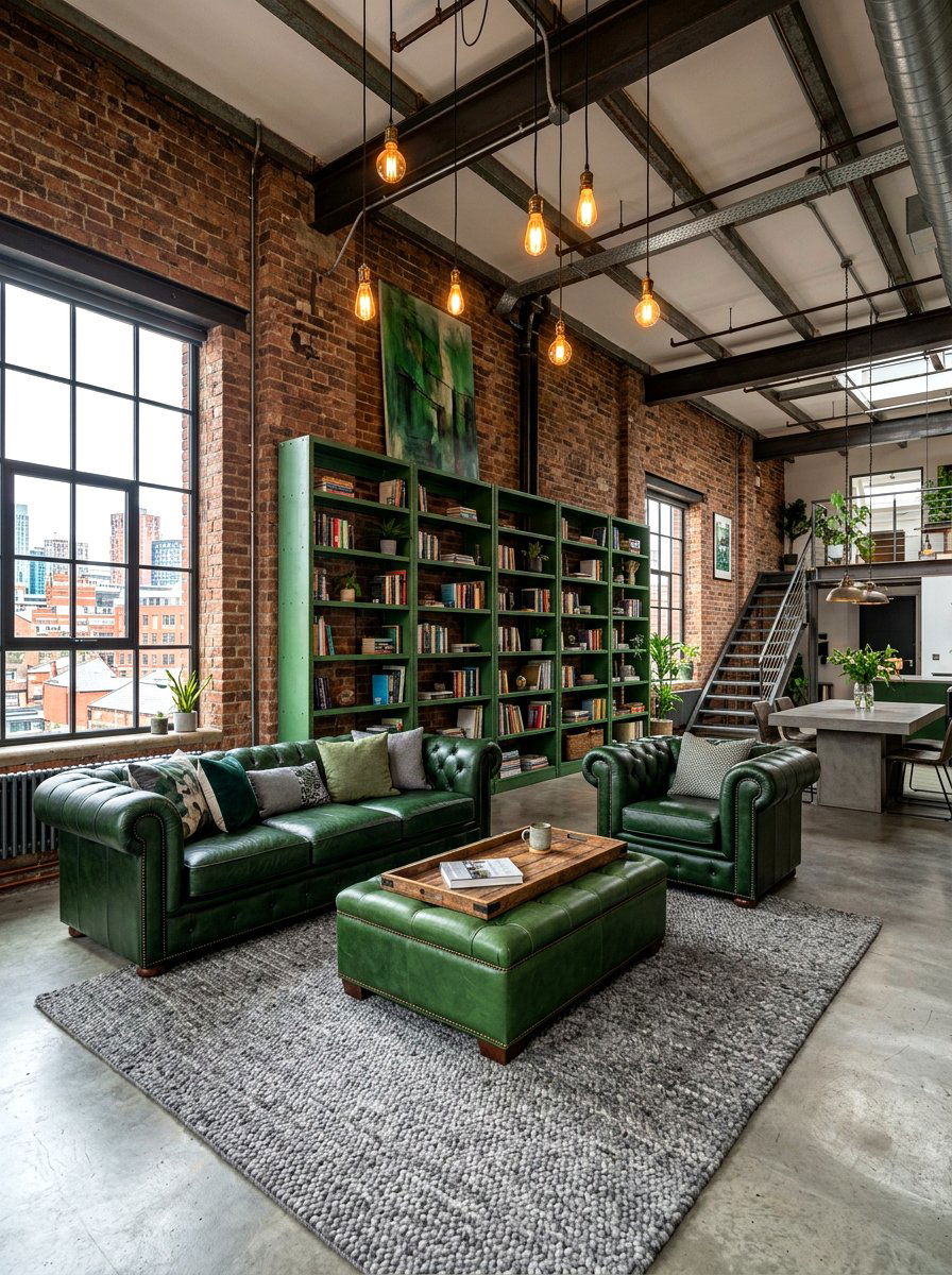 Industrial living room with green accents - 30 emerald green living room ideas
