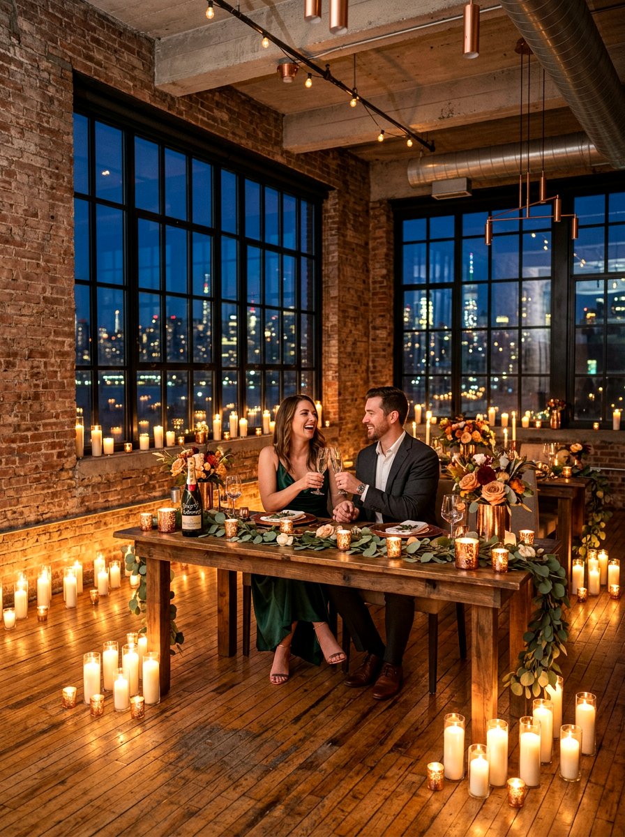 Industrial loft candlelit space - 30 anniversary dinner at home ideas