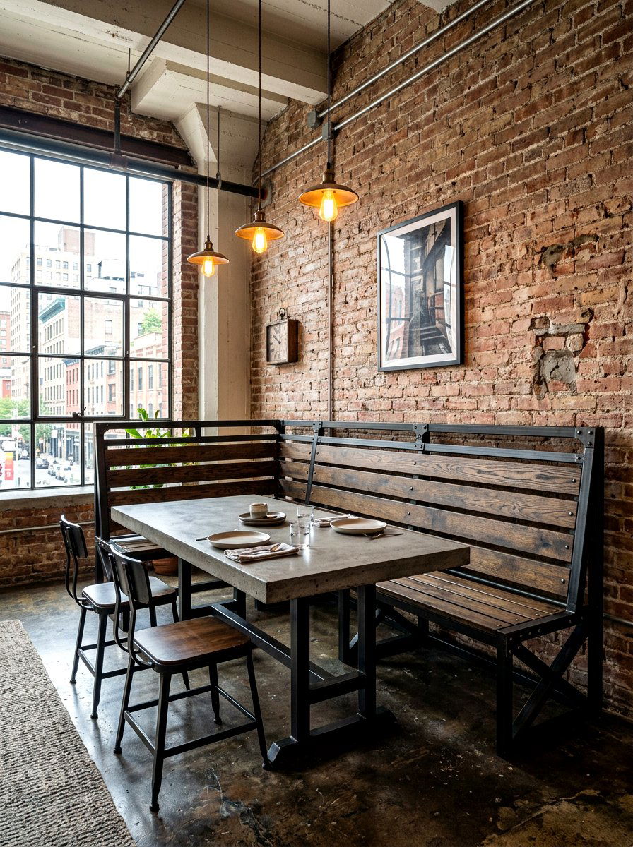 Industrial metal banquette - 30 banquette dining room ideas