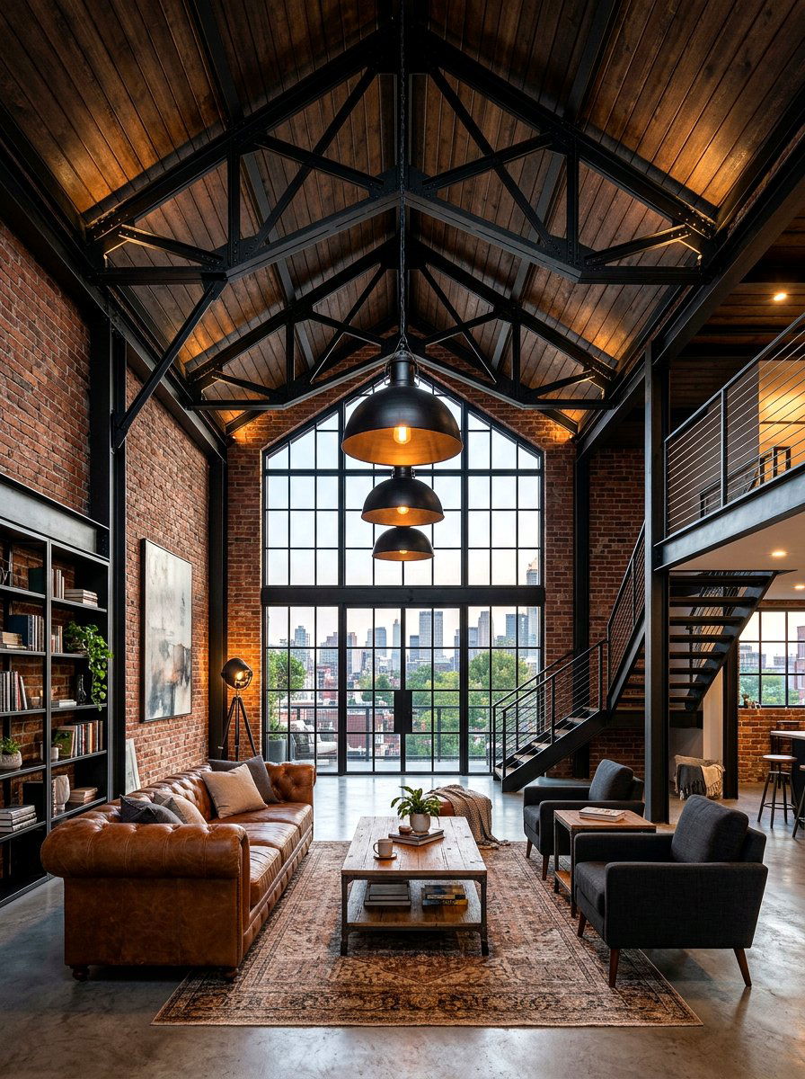 Industrial metal beam vaulted living room - 30 vaulted living room ideas