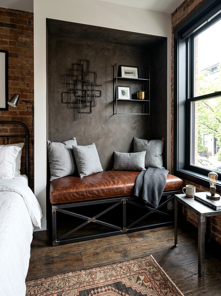 Industrial metal bench - 30 bedroom alcove seating ideas