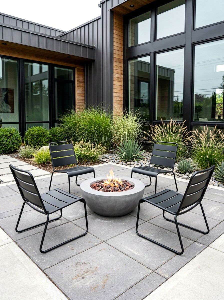 Industrial metal chair setup - 30 backyard fireplace seating ideas