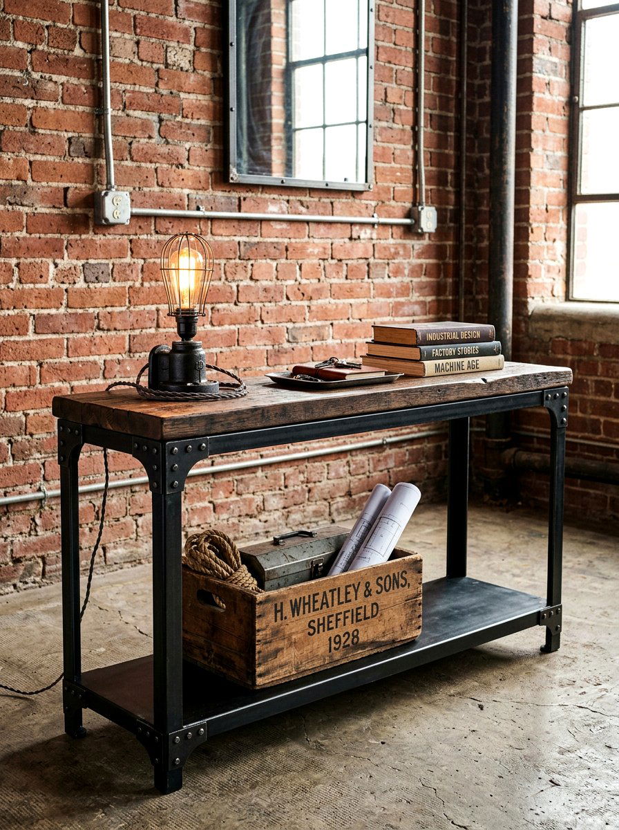 Industrial metal console table - 30 foyer console styling ideas
