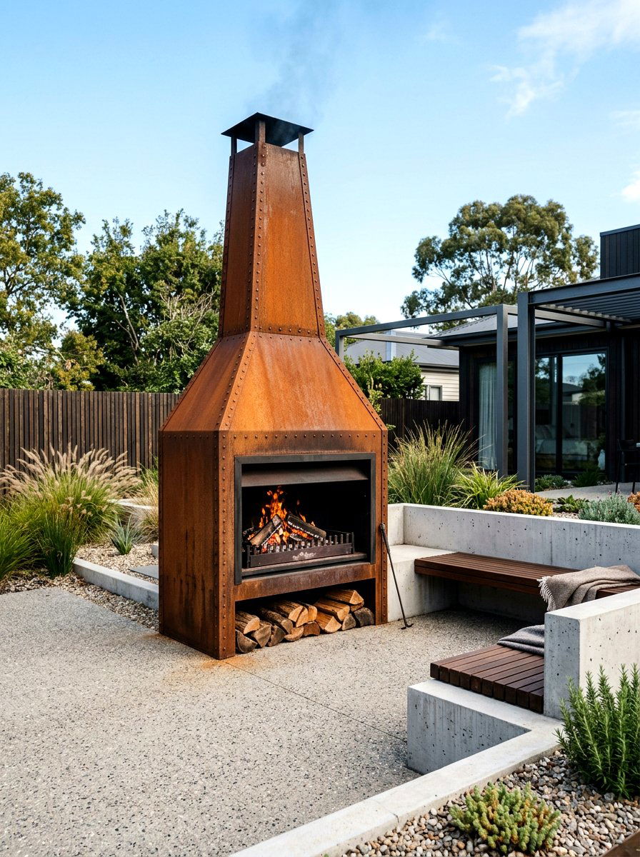 Industrial metal fireplace - 30 outdoor fireplace ideas
