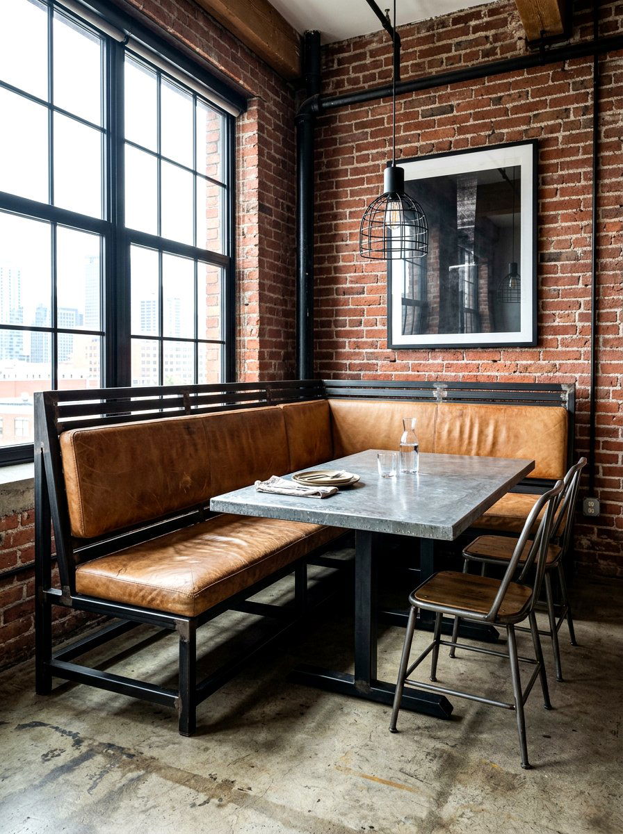 Industrial metal frame banquette - 30 curved banquette dining ideas