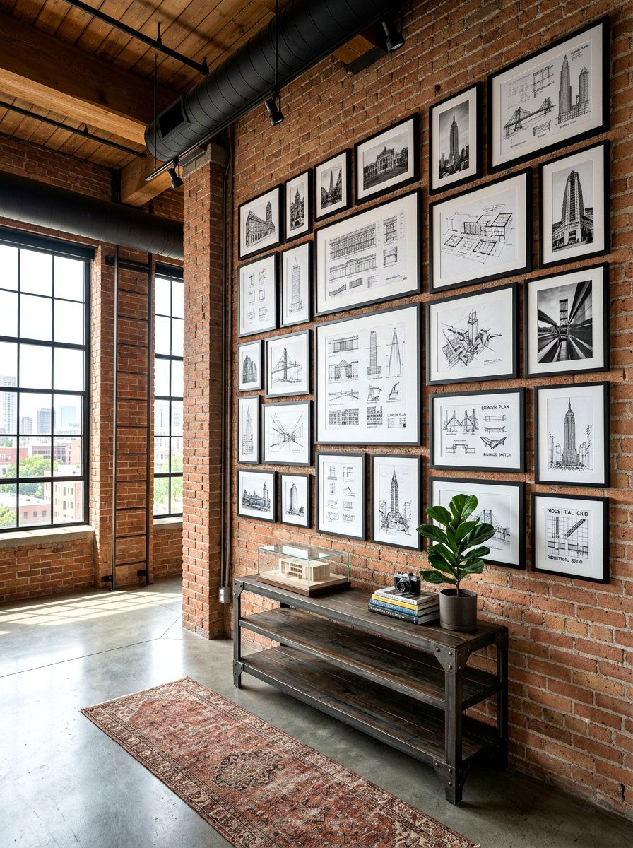 Industrial metal frame gallery - 30 salon wall entry ideas