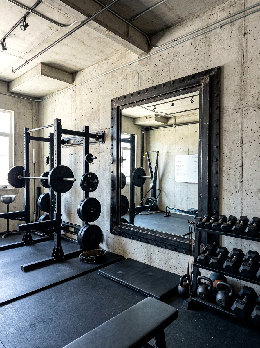 Industrial metal frame mirror - 30 workout room mirror ideas