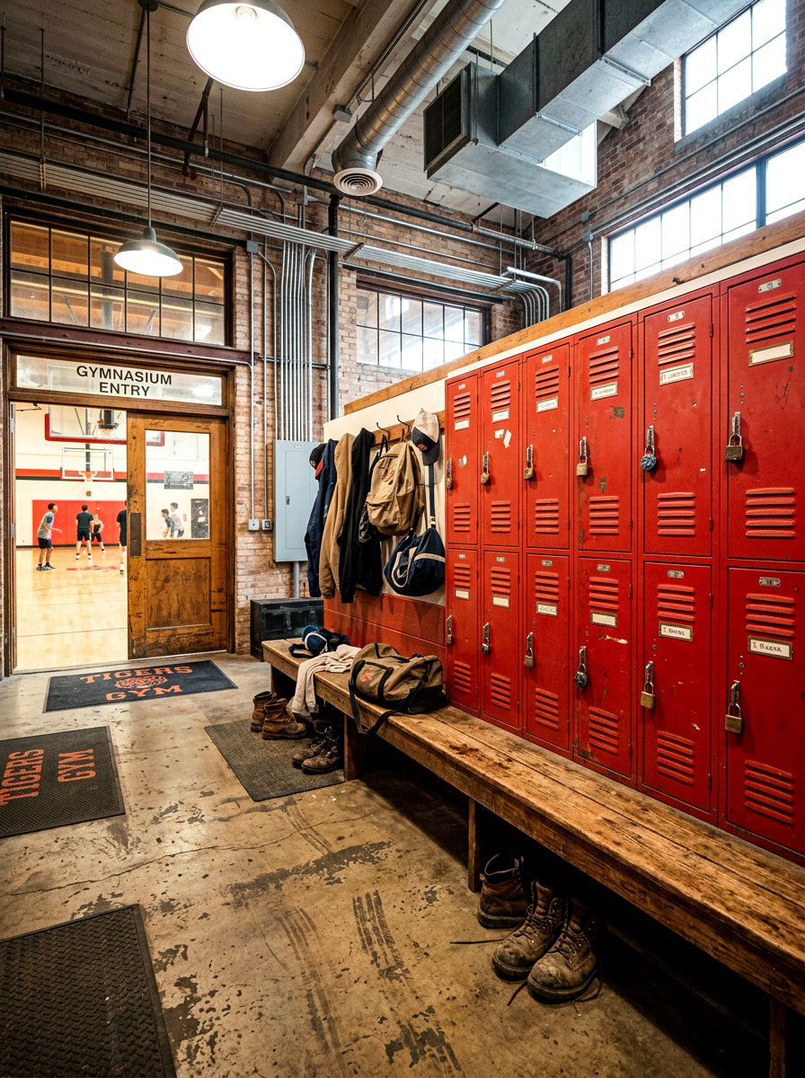 Industrial metal locker mudroom - 30 sports gear mudroom ideas
