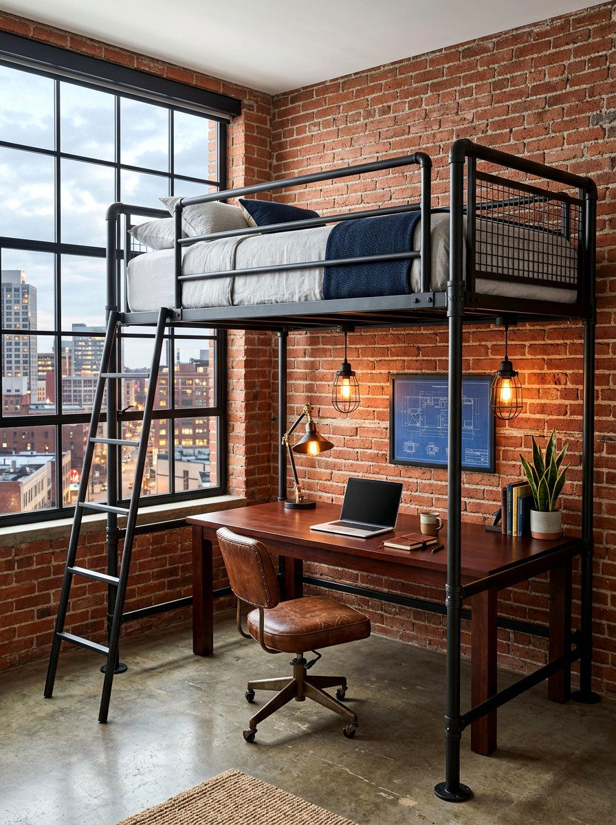 Industrial metal loft bed with workstation - 30 loft bed office combo ideas
