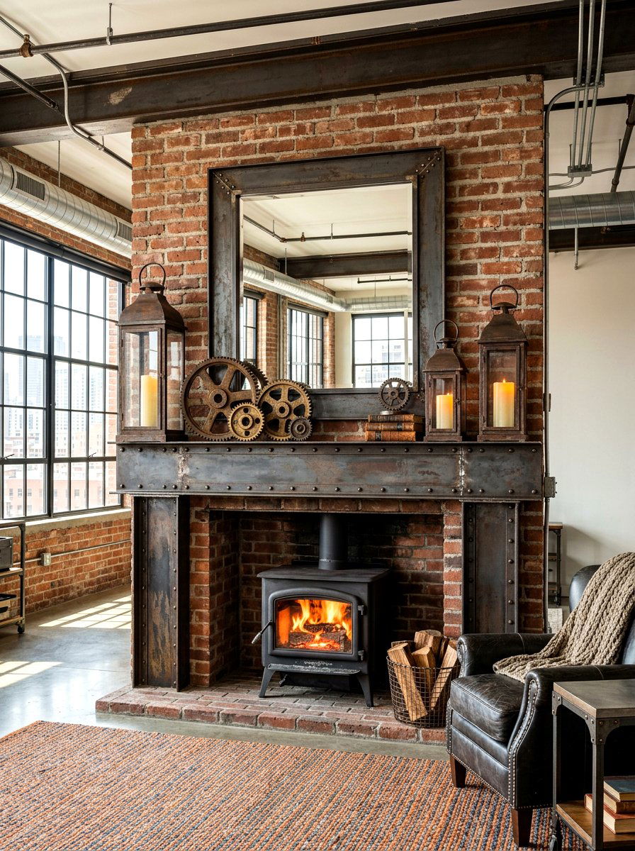 Industrial metal mantel - 30 mantel decor ideas