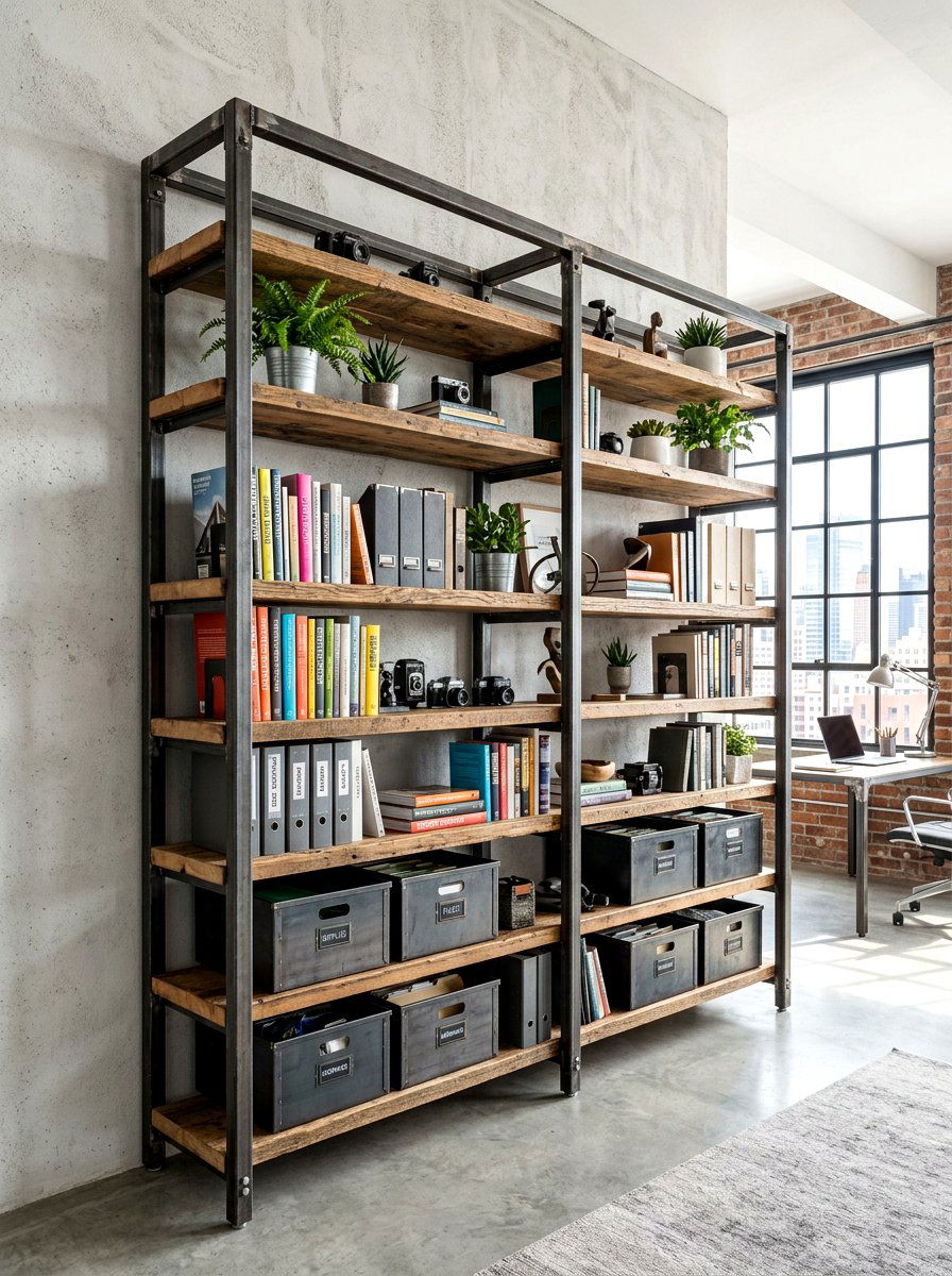 Industrial metal office rack - 30 office bookshelf styling ideas