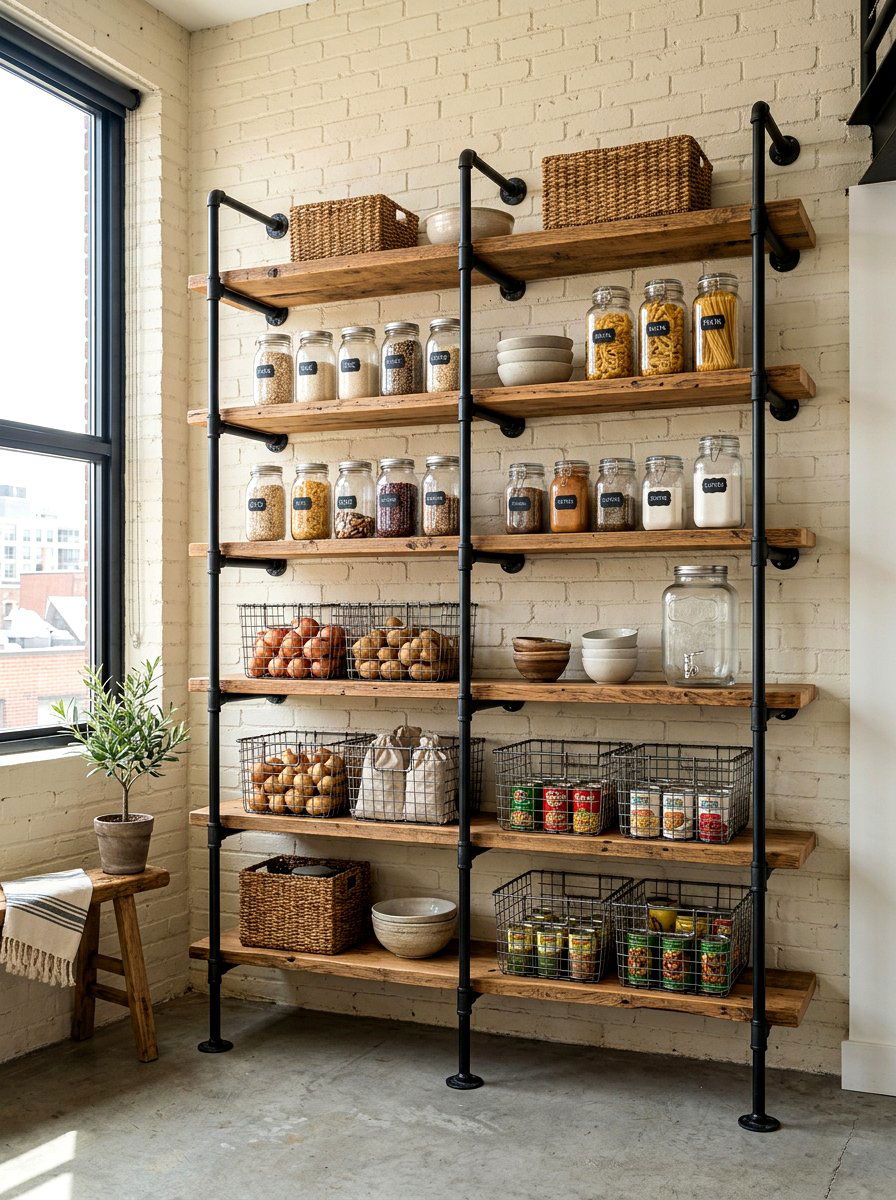 Industrial metal pantry shelving - 30 pantry with open shelving ideas