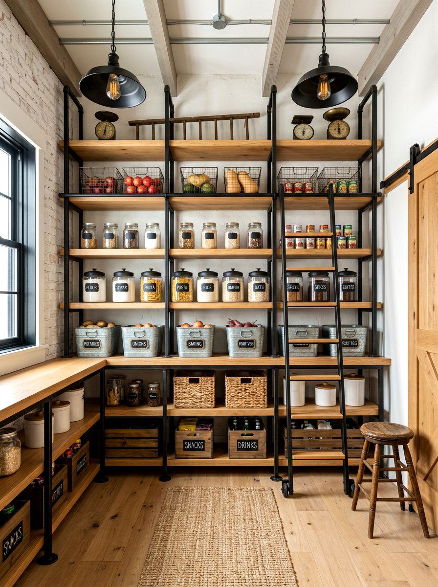 Industrial metal pantry shelving - 30 farmhouse pantry shelving ideas