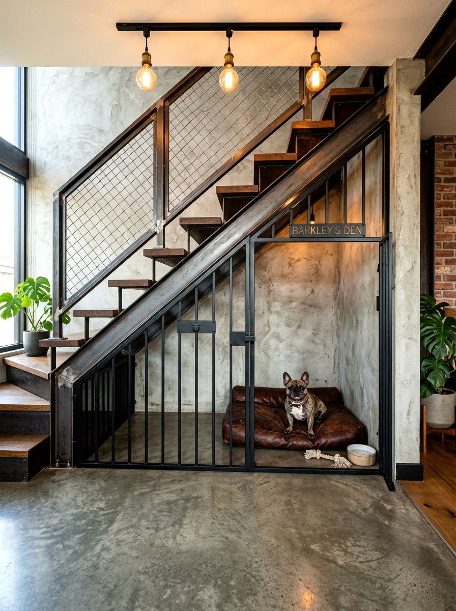 Industrial metal pet gate - 30 under stairs pet room ideas aesthetic