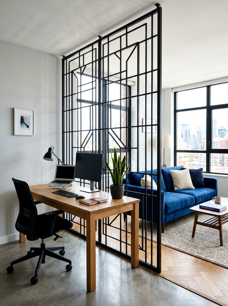 Industrial metal screen - 30 partial divider studio ideas
