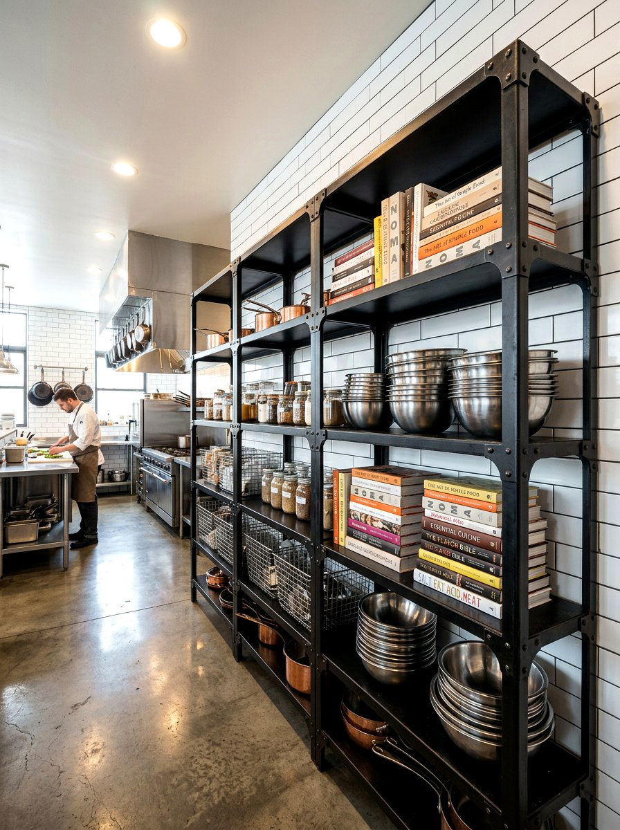 Industrial metal shelf - 30 book shelf kitchen ideas