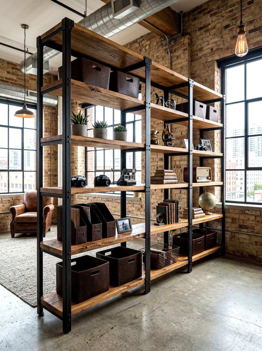 Industrial metal shelving - 30 office shelving styling ideas