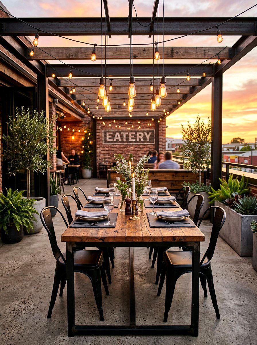 Industrial outdoor dining space - 30 sunset dinner table ideas