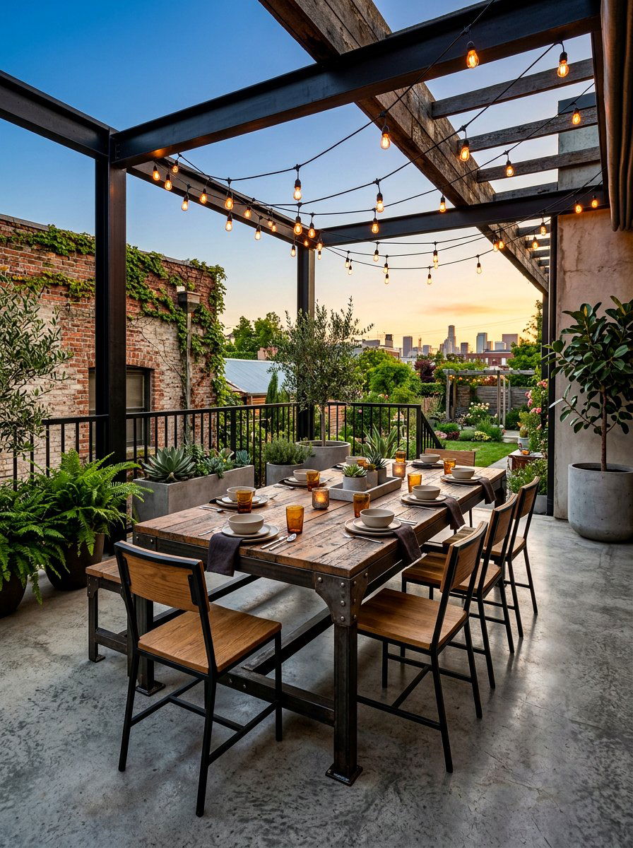 Industrial outdoor dining table - 30 summer patio tablescape ideas