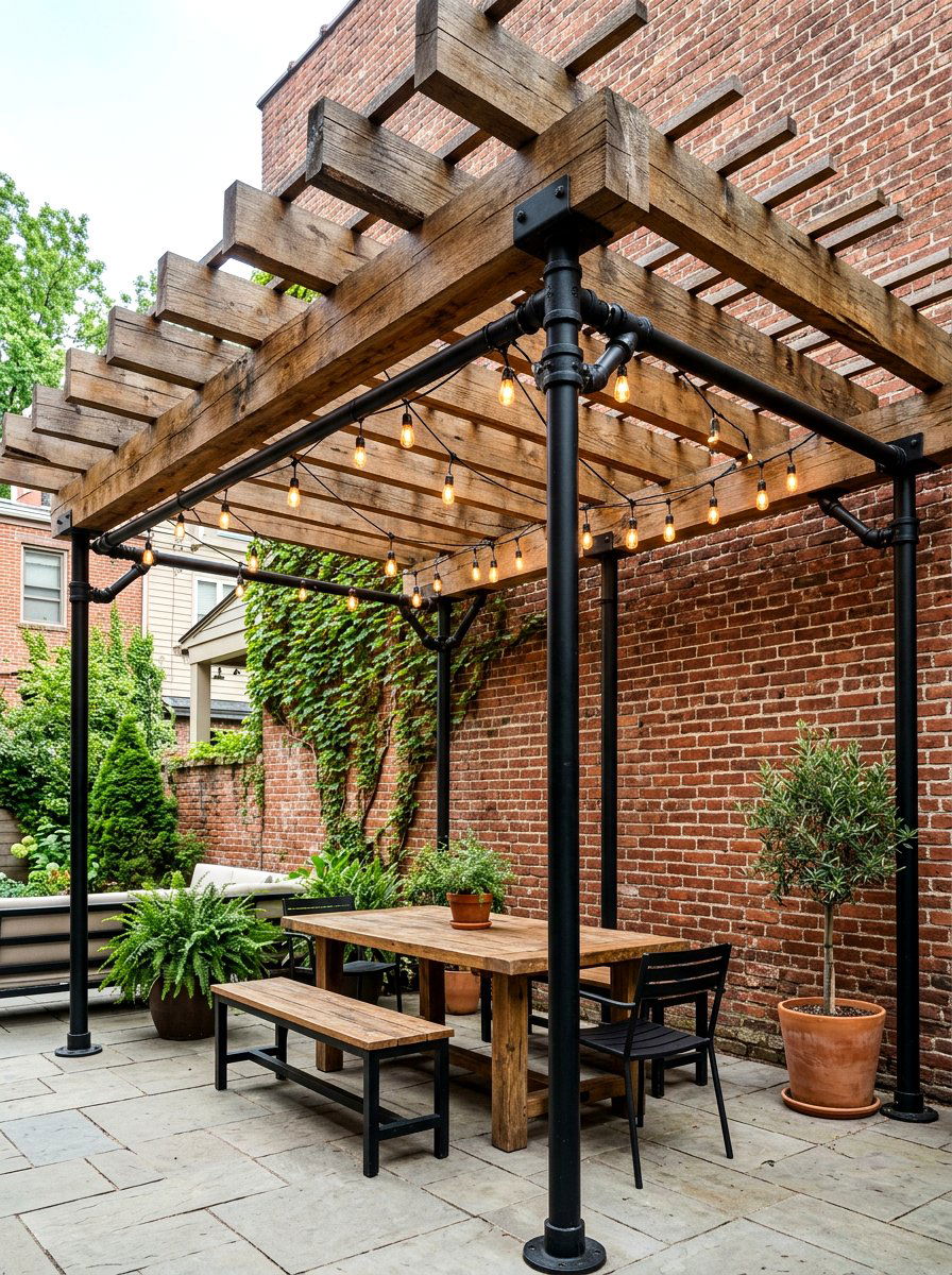 Industrial pipe and wood pergola - 30 pergola walkway ideas