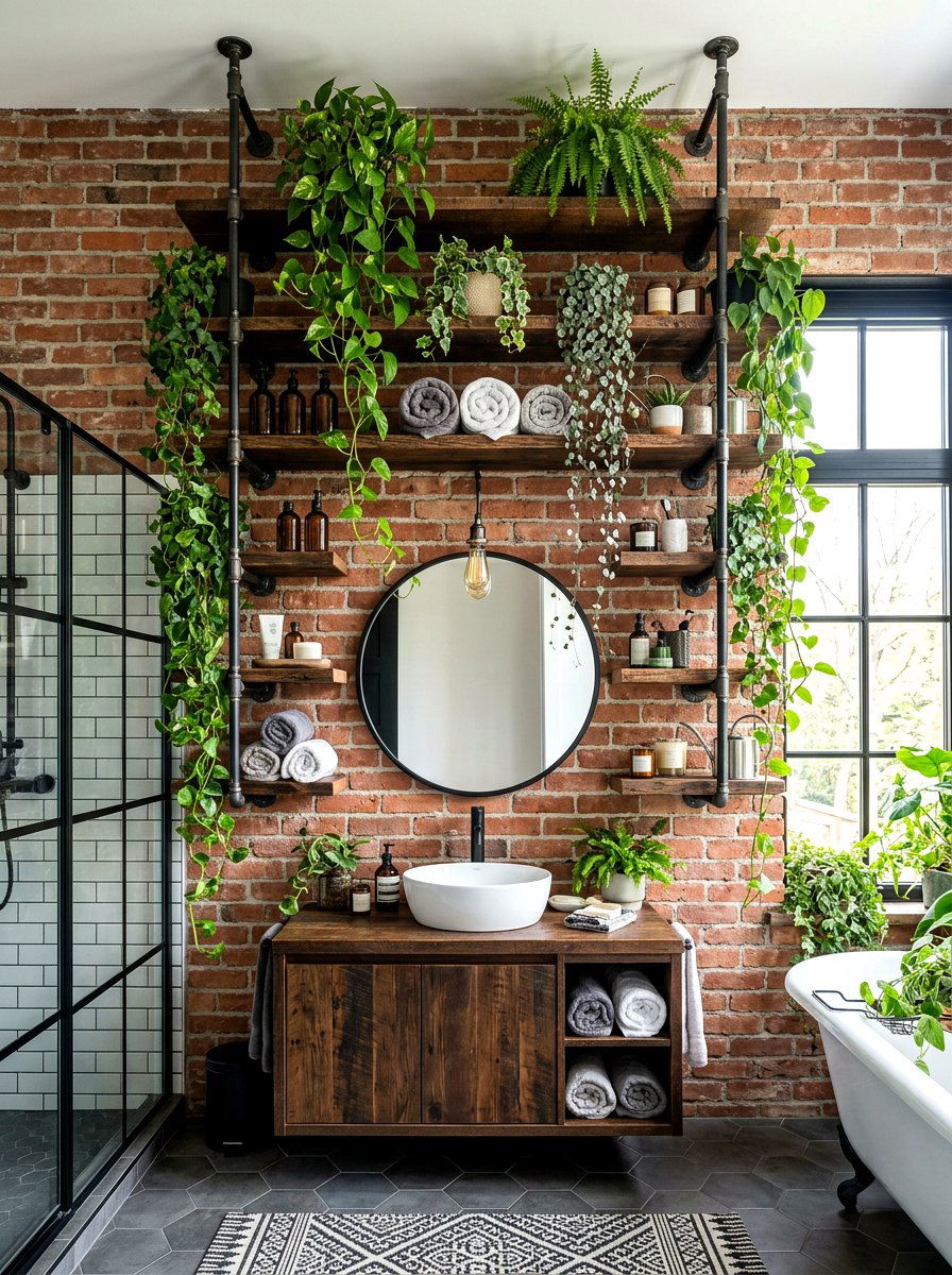 Industrial pipe bathroom shelving - 30 bathroom plant shelf ideas