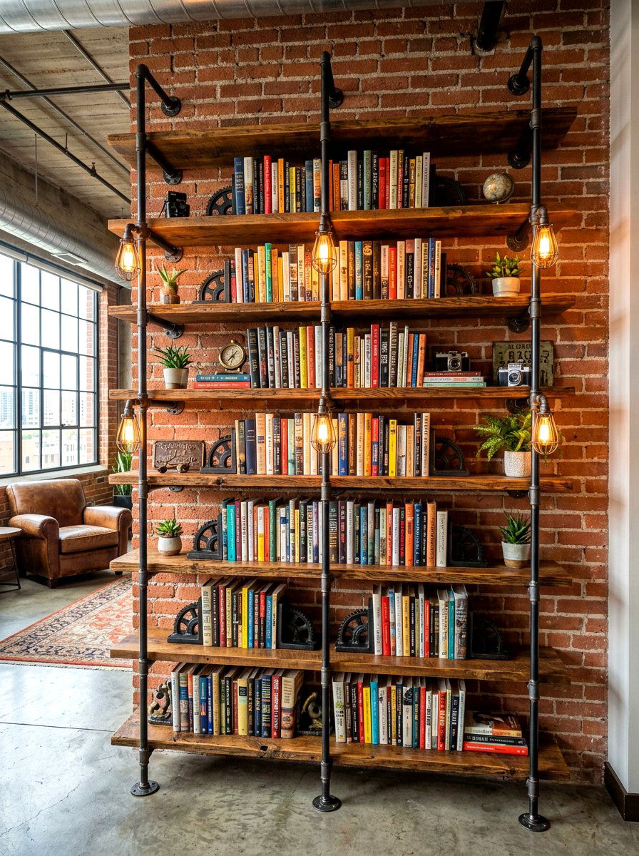 Industrial pipe bookshelf - 30 bookshelf styling living room ideas