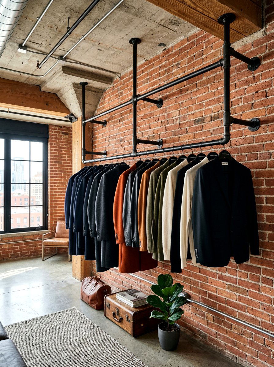 Industrial pipe clothing bar - 30 minimalist bedroom storage ideas